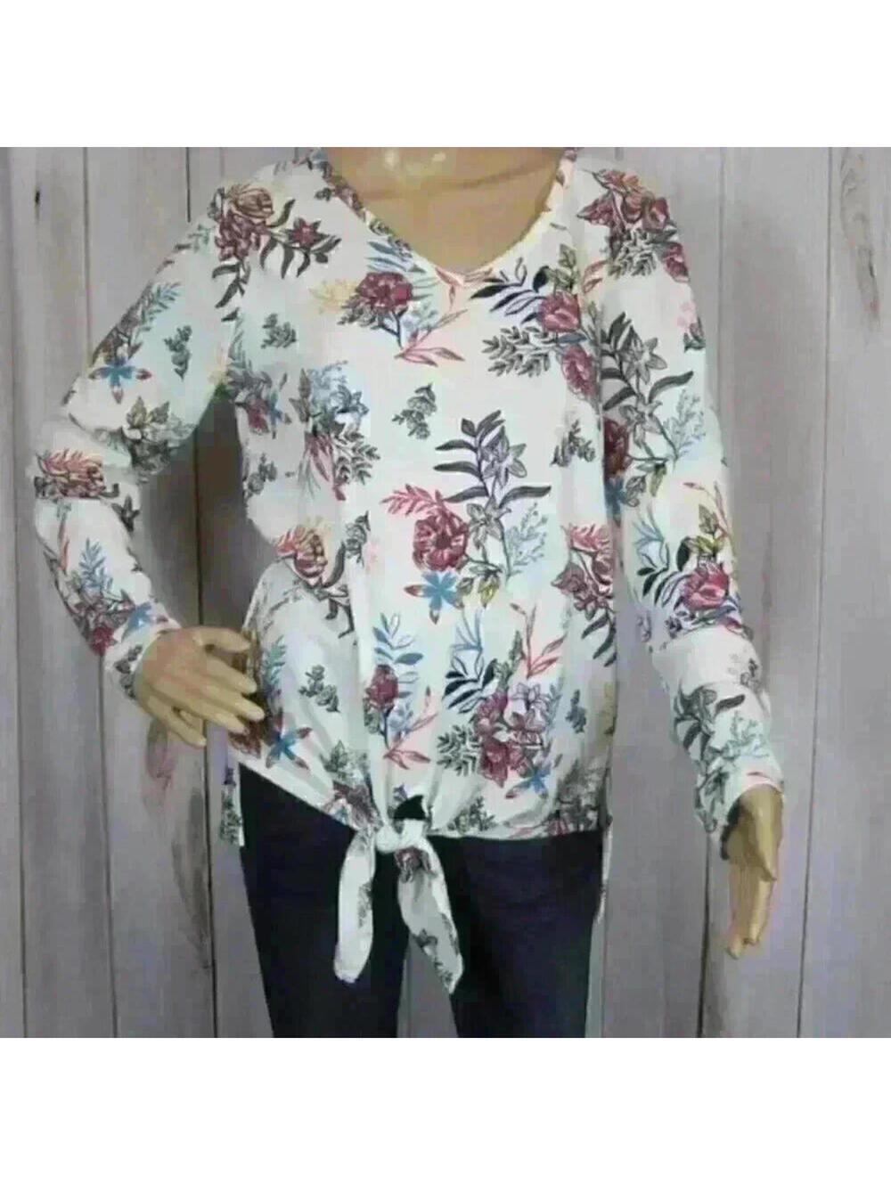 NWT Massini Floral V-Neck Tie Front Tunic Sweater M Medium Cream Hi-Lo Soft Knit